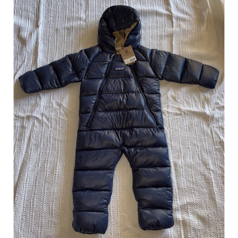 Patagonia Hi-Loft Down Sweater Bunting Infant 12-18M Blue Navy Hoodie NWT NEW